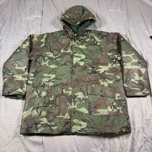 Woodfield Rain Jacket Mens L Green Camo 3090 Hooded Vinyl Quilted Lined Vintage